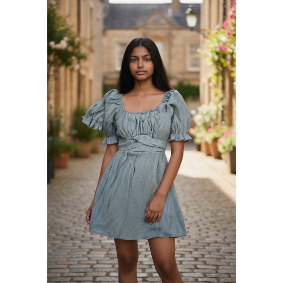 Trixxi Dresses & Skirts - Trixxi  Dress‎ Women's SM Blue Puff Sleeve Ruched Waist Feminine Cottagecore